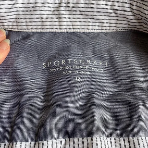 SPORTSCRAFT sz 12 cotton blouse shirt Oxford pinpoint white with navy pin stripe - Picture 6 of 10